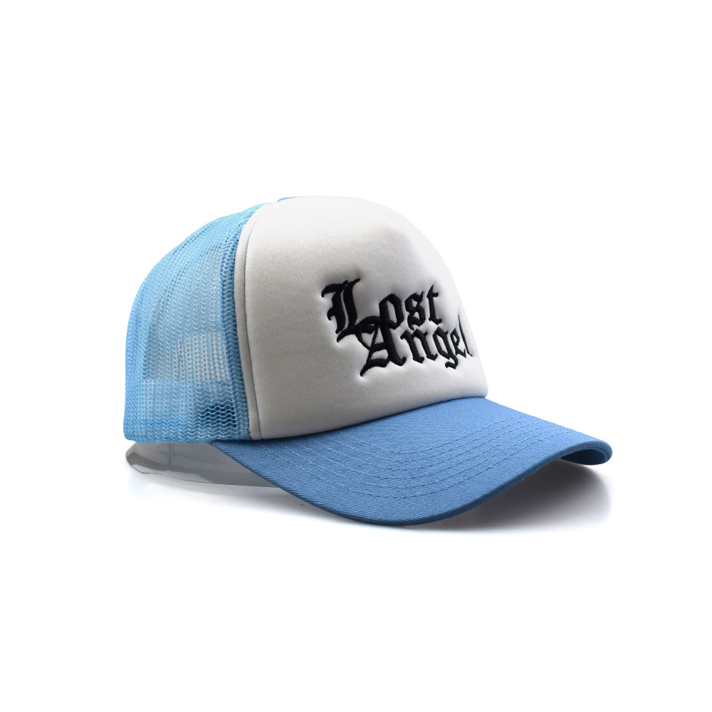 Lost Angel Embroidered Blue White Foam Mesh Trucker Hat – 5 Panel Snapback