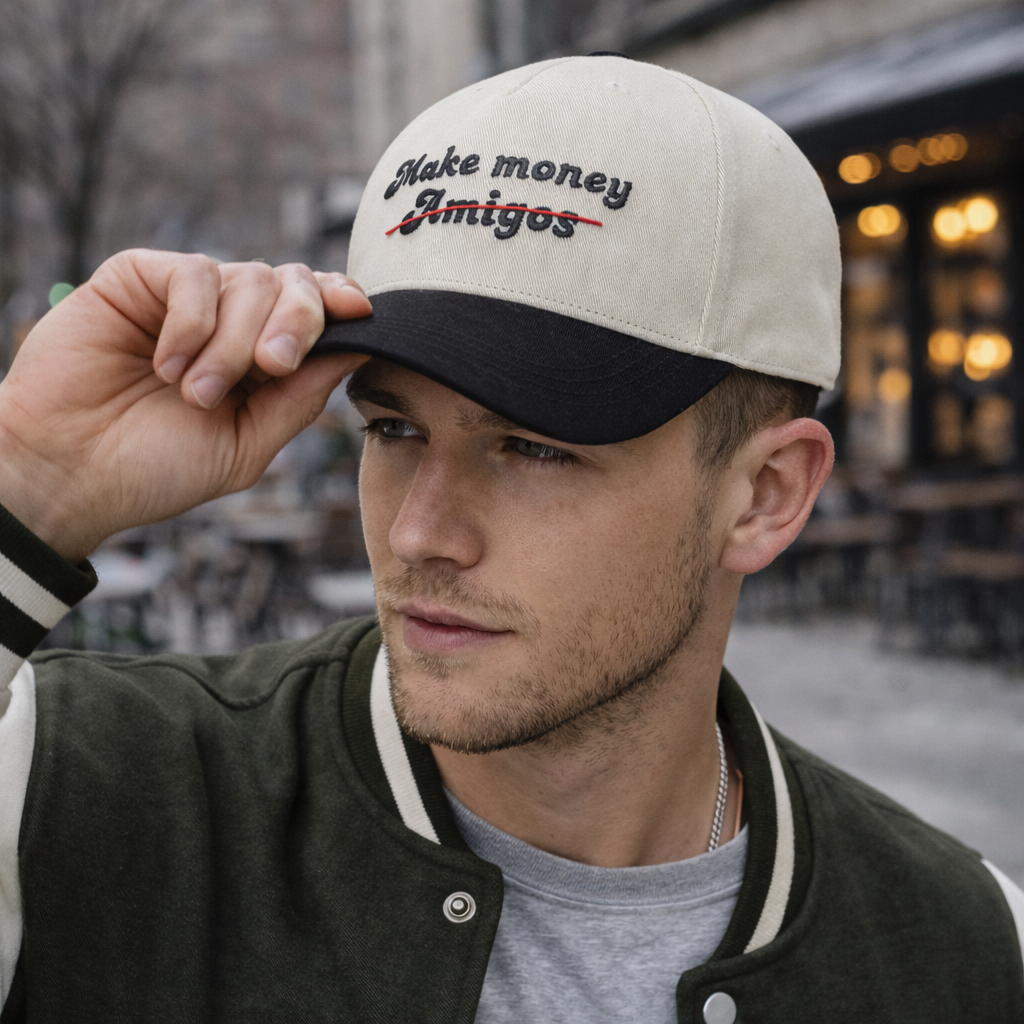 “Make Money Not Amigos” Embroidered Two-Tone 5-Panel Baseball Cap