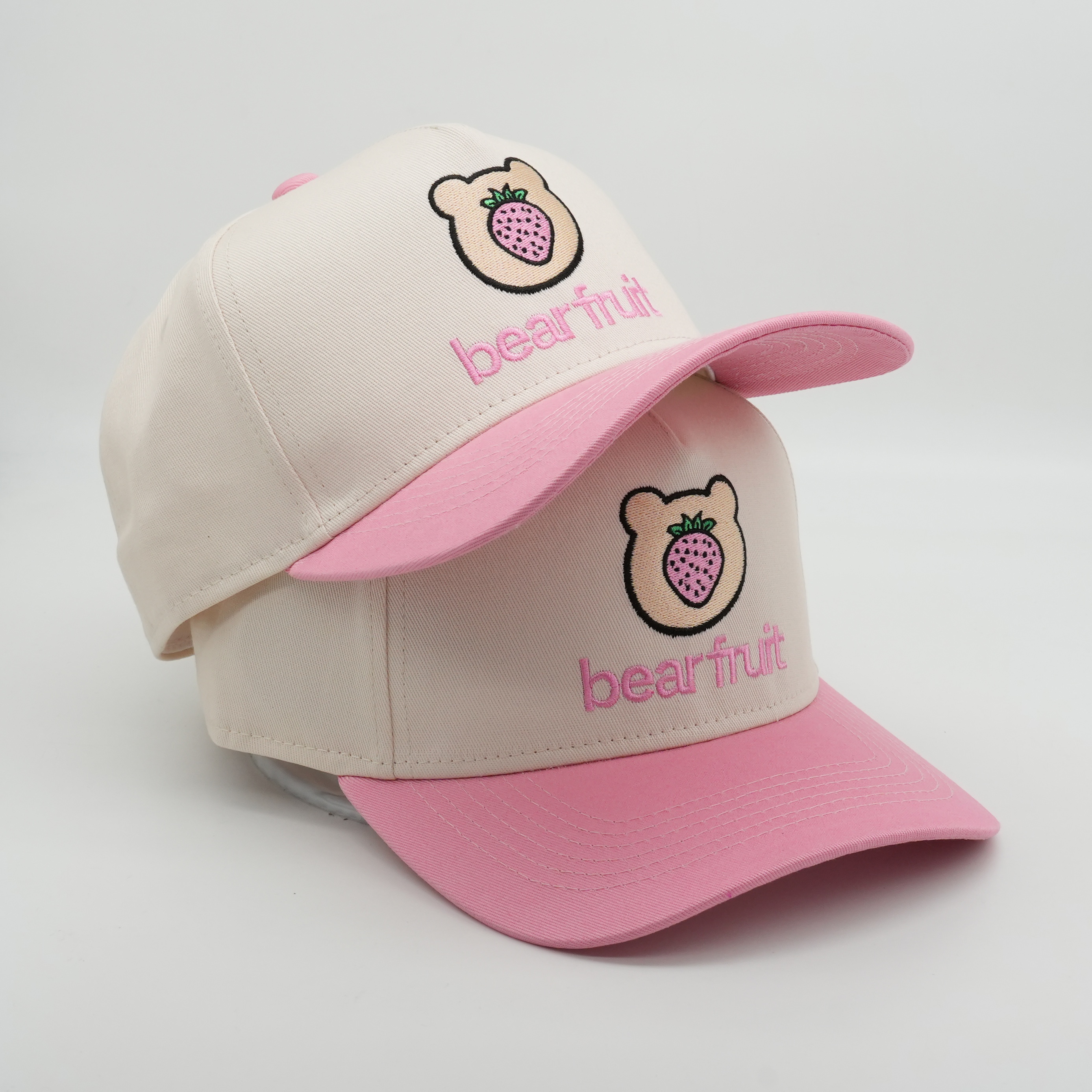 Cute Two-Tone 5-Panel Cotton Twill Baseball Cap with Bear Strawberry Embroidery