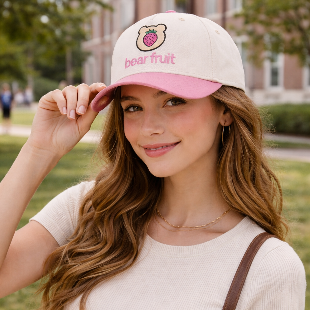 Cute Two-Tone 5-Panel Cotton Twill Baseball Cap with Bear Strawberry Embroidery