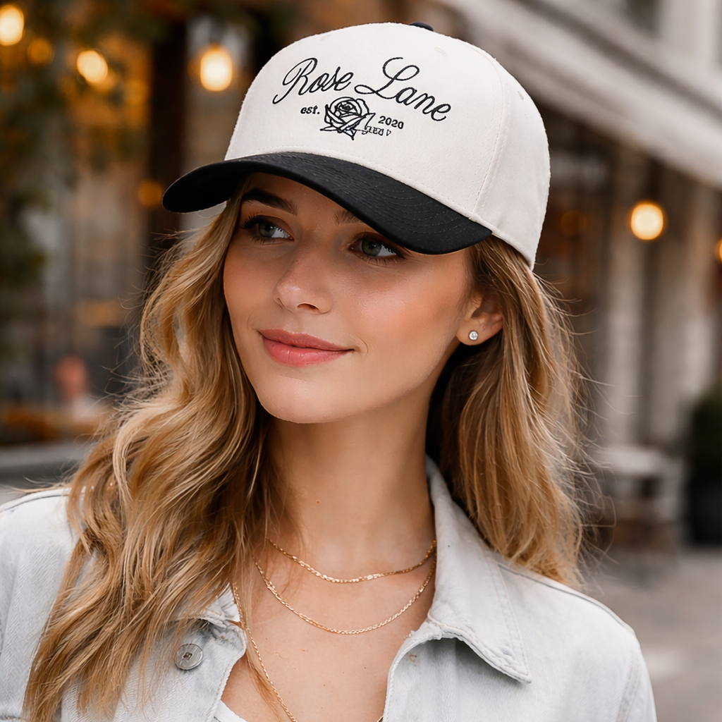 Rose Lane Embroidered Two-Tone Baseball Cap – 5 Panel Cotton Twill Hat