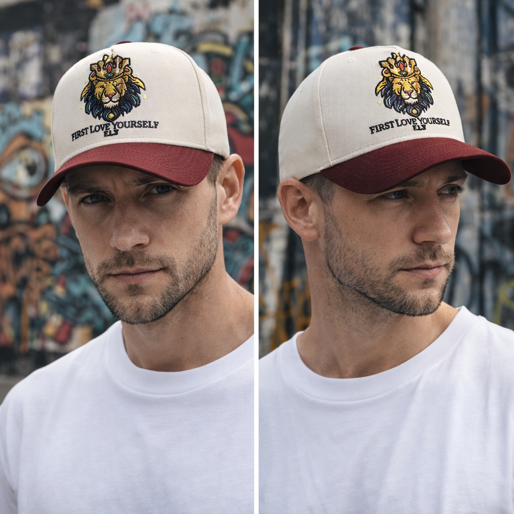 Two-Tone Cotton Twill Baseball Cap with Embroidered Lion Logo