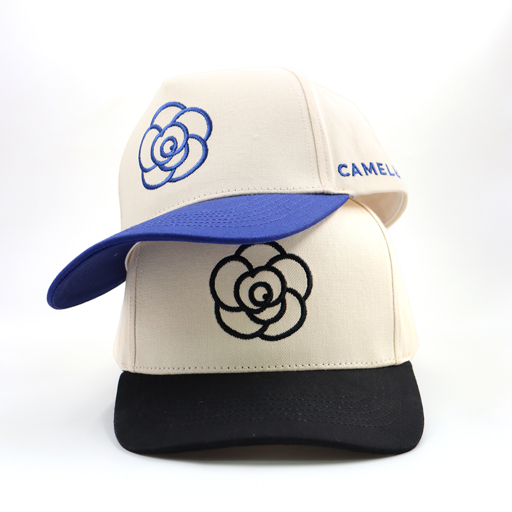 Two-Tone Flower Embroidered 5-Panel Cotton Twill Baseball Cap