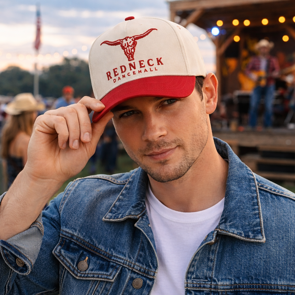 Western Style Two-Tone Baseball Cap with Embroidered Logo – Red & White