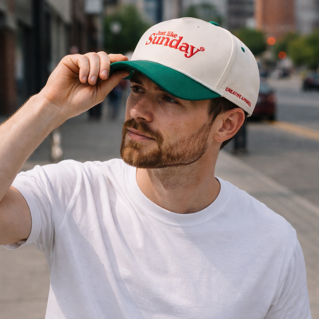 Cream and Green Sunday Embroidered Cotton Baseball Cap