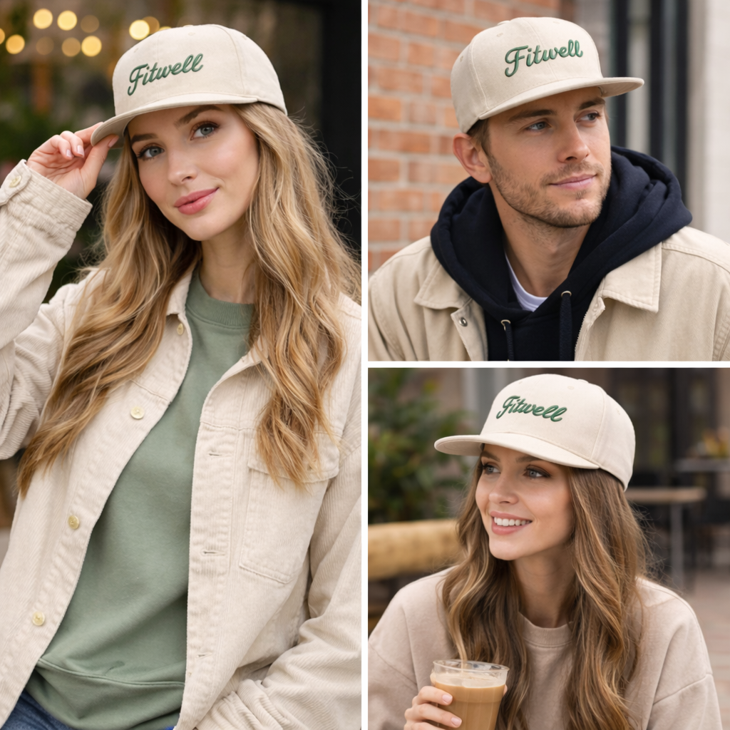 Beige and Khaki Baseball Cap with Green Embroidered Logo – 5 Panel Cotton Hat