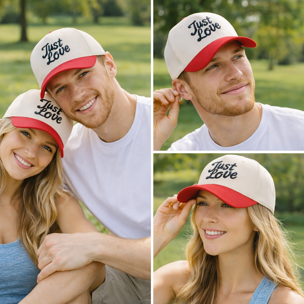 Two-Tone Curved Brim Trucker Hat with Just Love Embroidery
