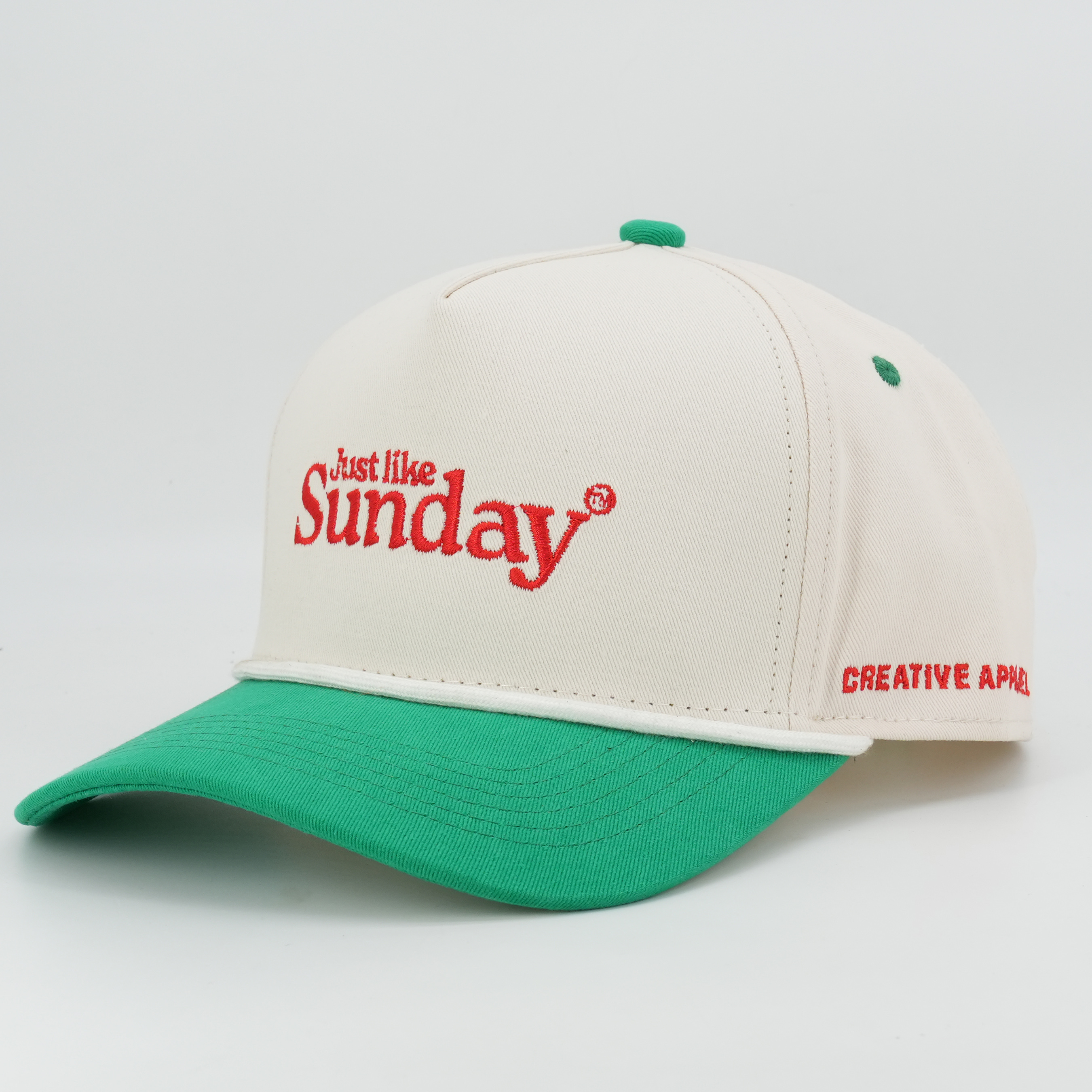 Cream and Green Sunday Embroidered Cotton Baseball Cap