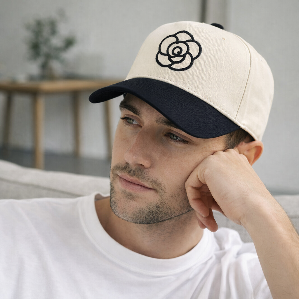 Two-Tone Flower Embroidered 5-Panel Cotton Twill Baseball Cap