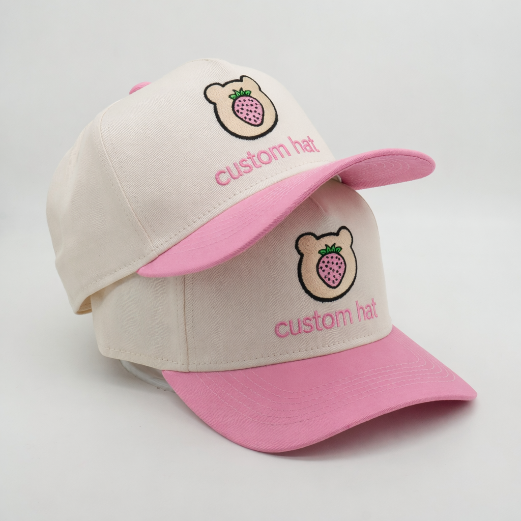 Cute Two-Tone 5-Panel Cotton Twill Baseball Cap with Bear Strawberry Embroidery
