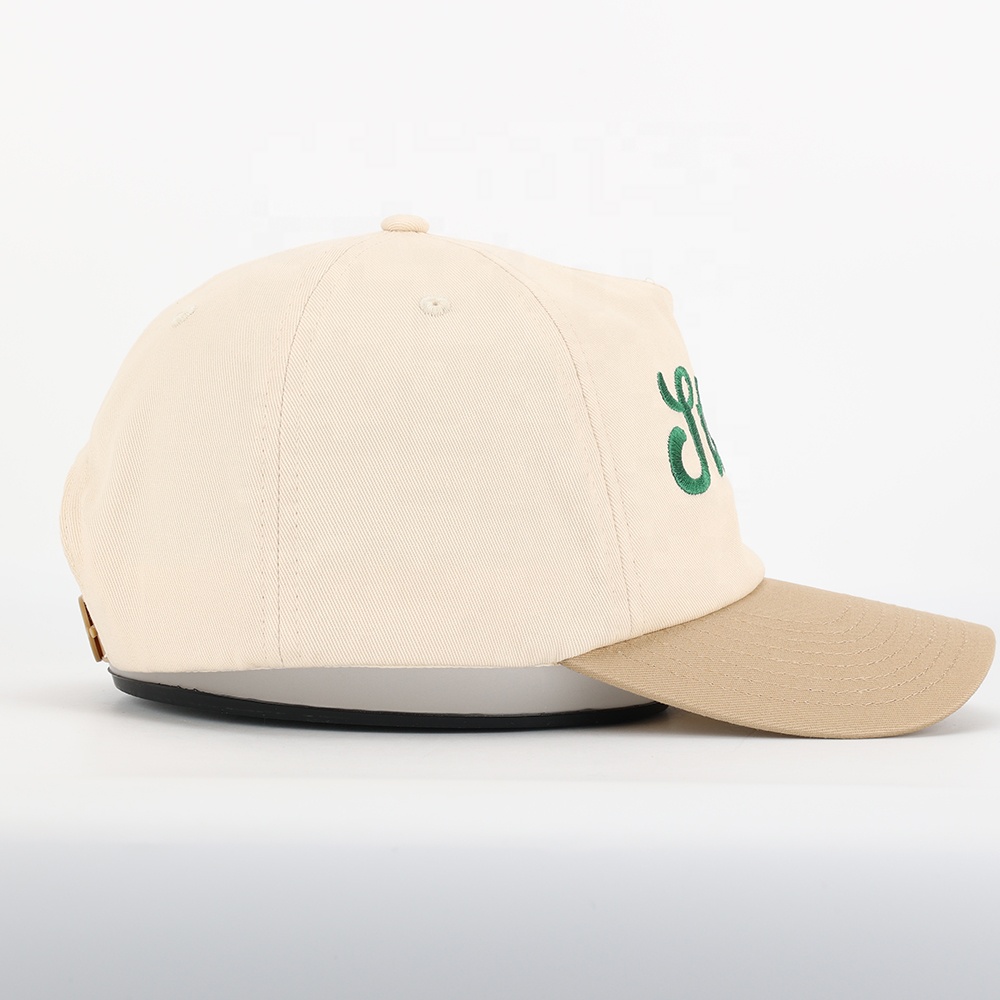 Beige and Khaki Baseball Cap with Green Embroidered Logo – 5 Panel Cotton Hat