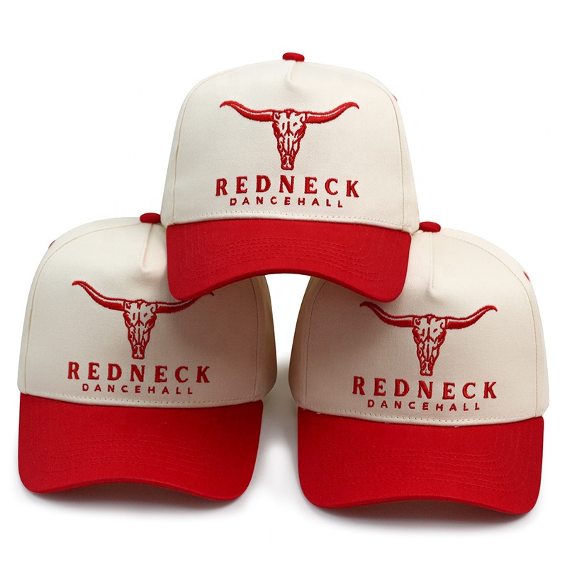 Western Style Two-Tone Baseball Cap with Embroidered Logo – Red & White