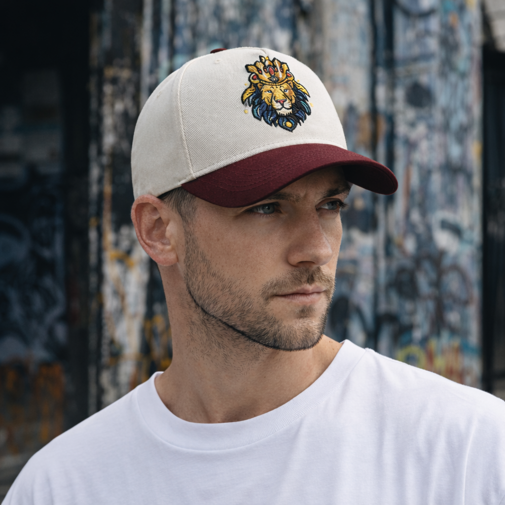 Two-Tone Cotton Twill Baseball Cap with Embroidered Lion Logo