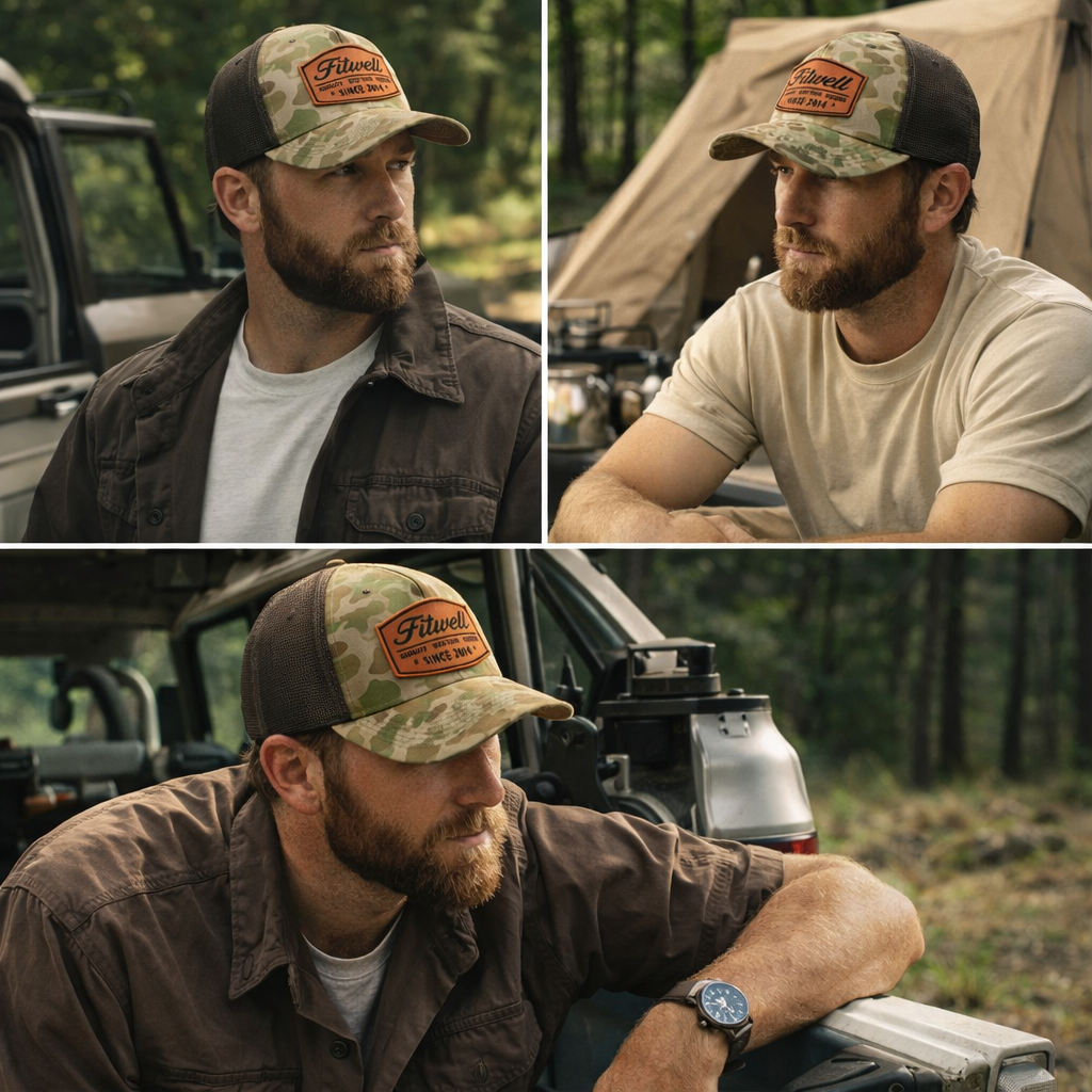 Camo Mesh Trucker Hat with Embossed Leather Patch – Western Outdoor Style