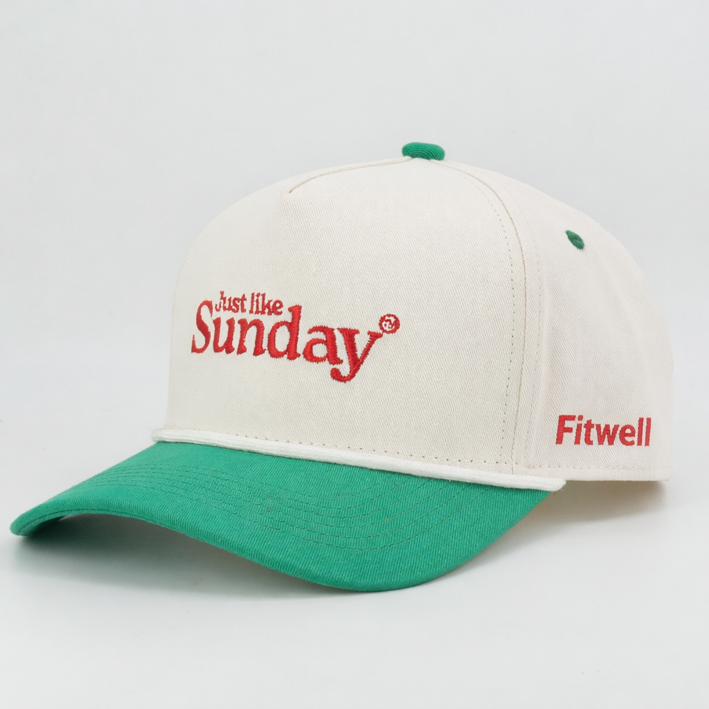 Cream and Green Sunday Embroidered Cotton Baseball Cap