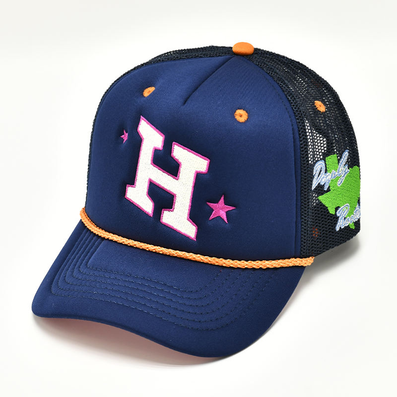 Foam Front Mesh Trucker Cap with Flat Embroidered Letter Patch & Rope Detail