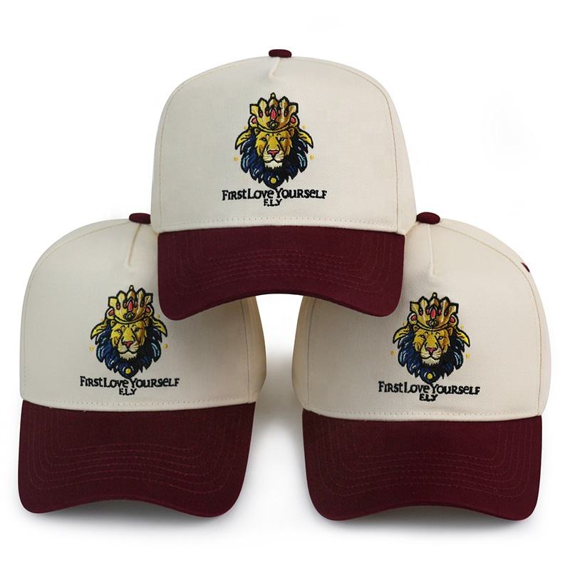Two-Tone Cotton Twill Baseball Cap with Embroidered Lion Logo