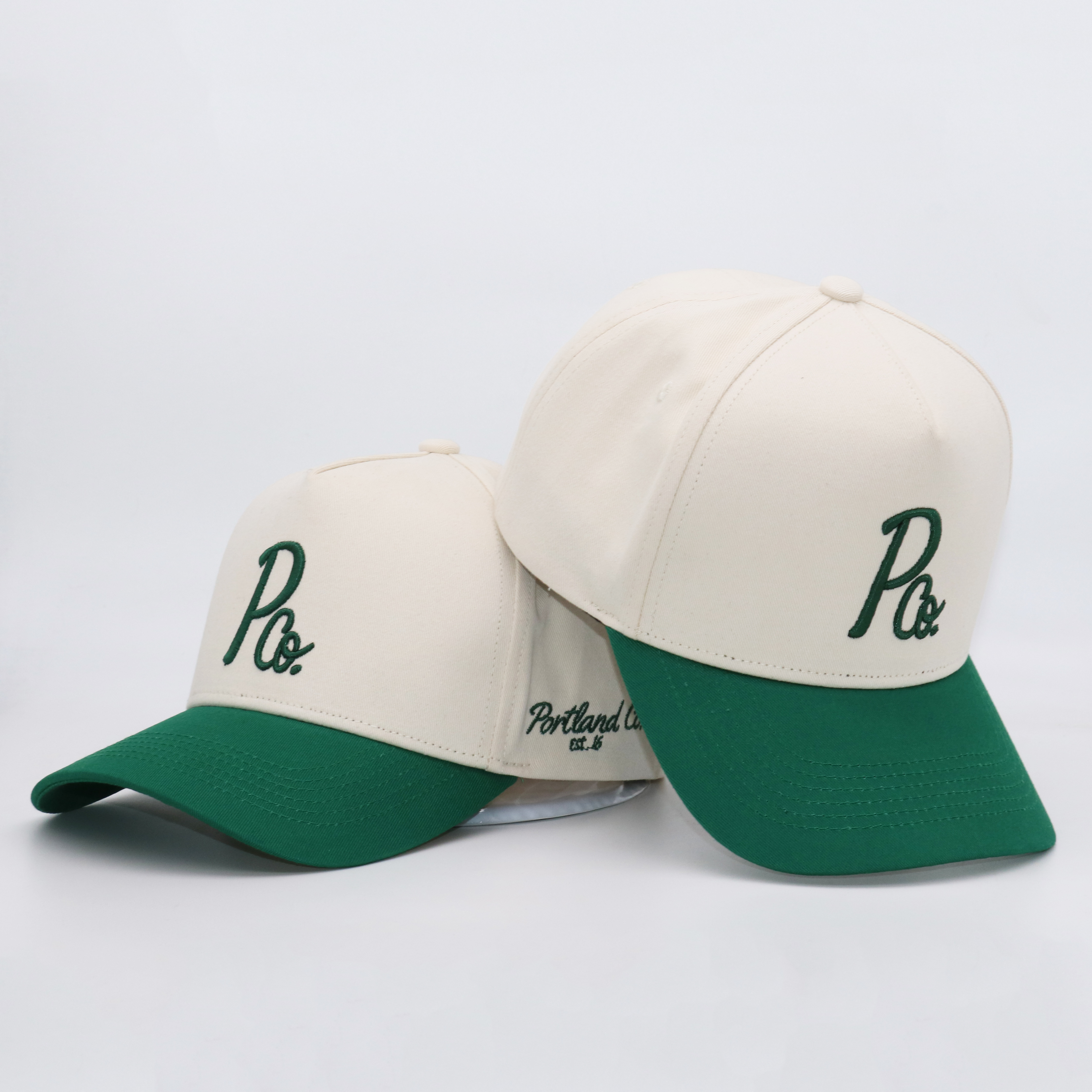 Two-Tone Cotton Baseball Cap with Flat Embroidered Logo – Green & Cream