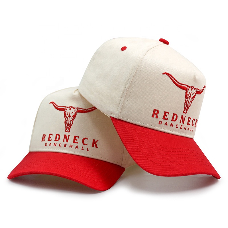 Western Style Two-Tone Baseball Cap with Embroidered Logo – Red & White