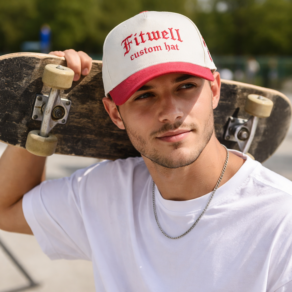 Two-Tone Cotton Baseball Cap with Gothic Embroidery – 5 Panel Design