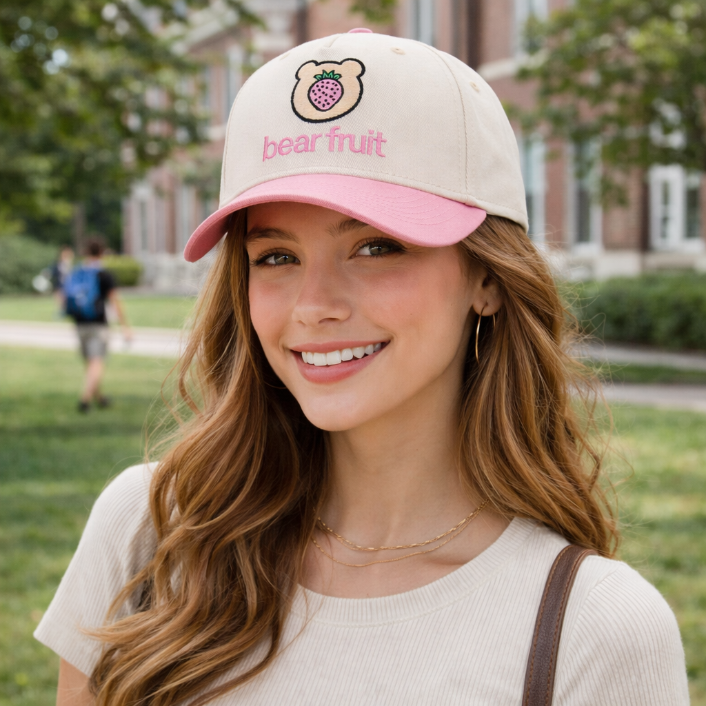 Cute Two-Tone 5-Panel Cotton Twill Baseball Cap with Bear Strawberry Embroidery
