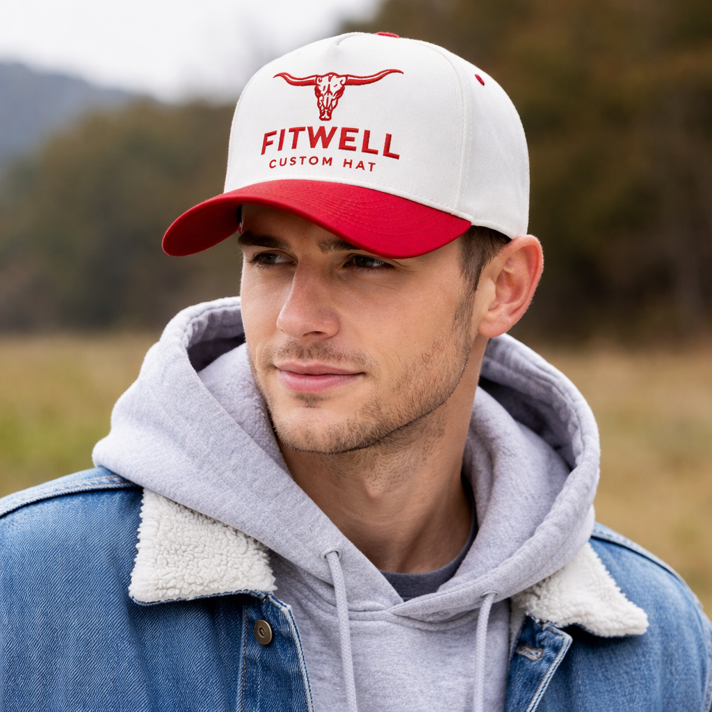 Western Style Two-Tone Baseball Cap with Embroidered Logo – Red & White