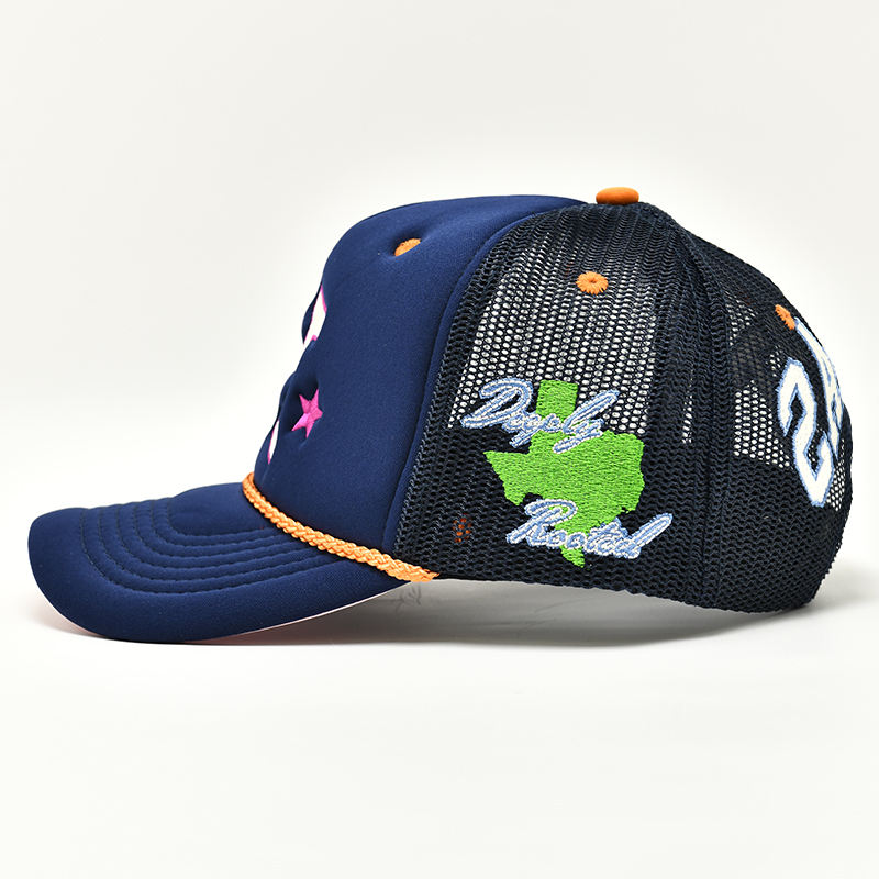 Foam Front Mesh Trucker Cap with Flat Embroidered Letter Patch & Rope Detail