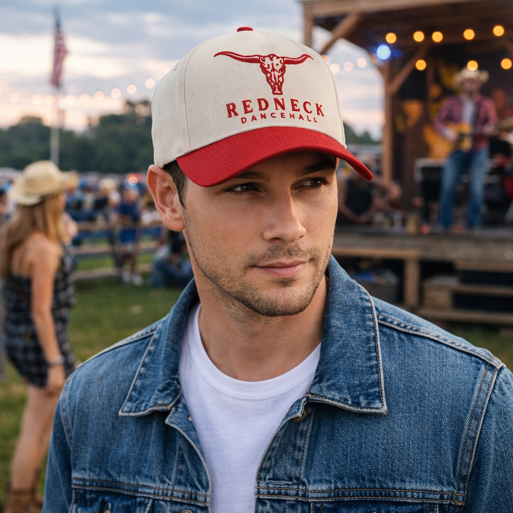 Western Style Two-Tone Baseball Cap with Embroidered Logo – Red & White