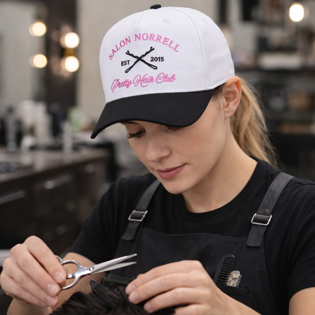 Salon Norrell Pretty Hair Club Baseball Cap – White & Black Two-Tone Design