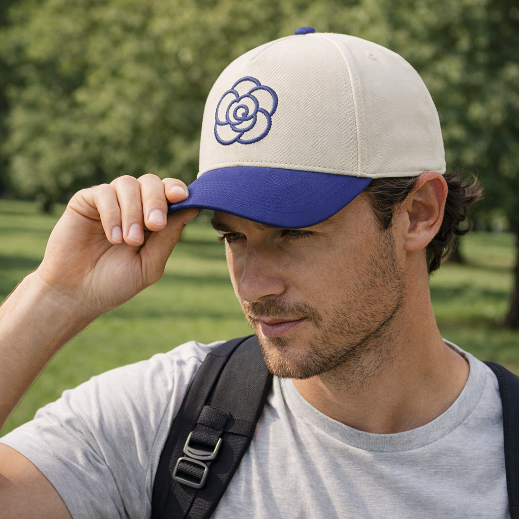 Two-Tone Flower Embroidered 5-Panel Cotton Twill Baseball Cap