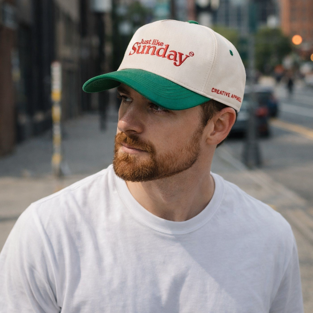 Cream and Green Sunday Embroidered Cotton Baseball Cap