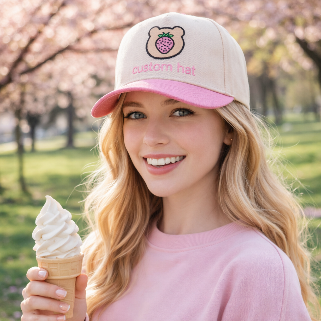 Cute Two-Tone 5-Panel Cotton Twill Baseball Cap with Bear Strawberry Embroidery