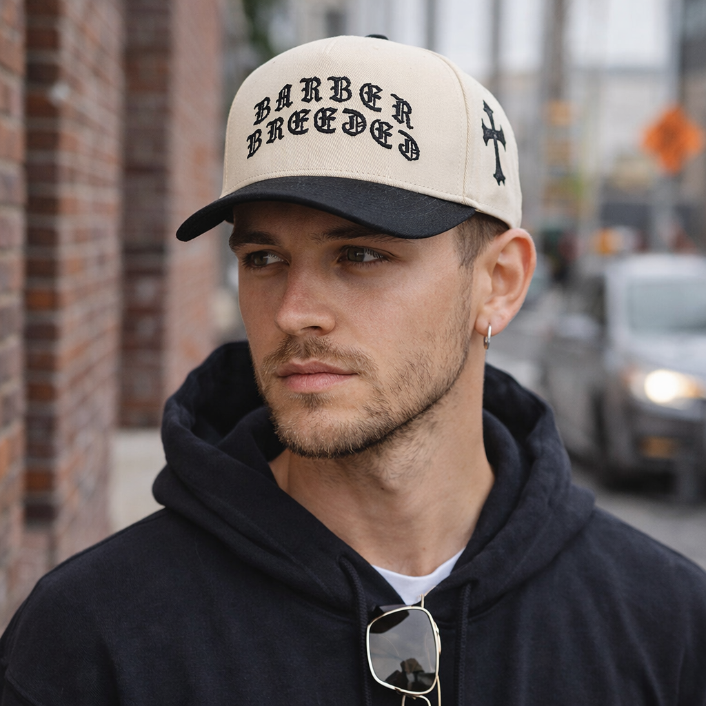 Two-Tone Cotton Baseball Cap with Gothic Embroidery – 5 Panel Design