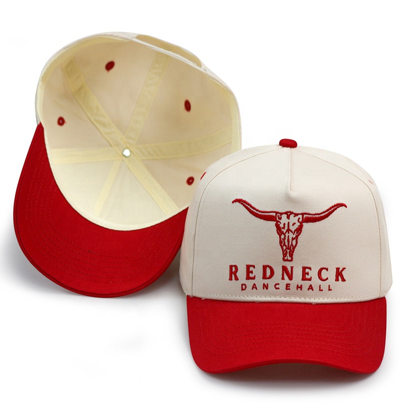 Western Style Two-Tone Baseball Cap with Embroidered Logo – Red & White