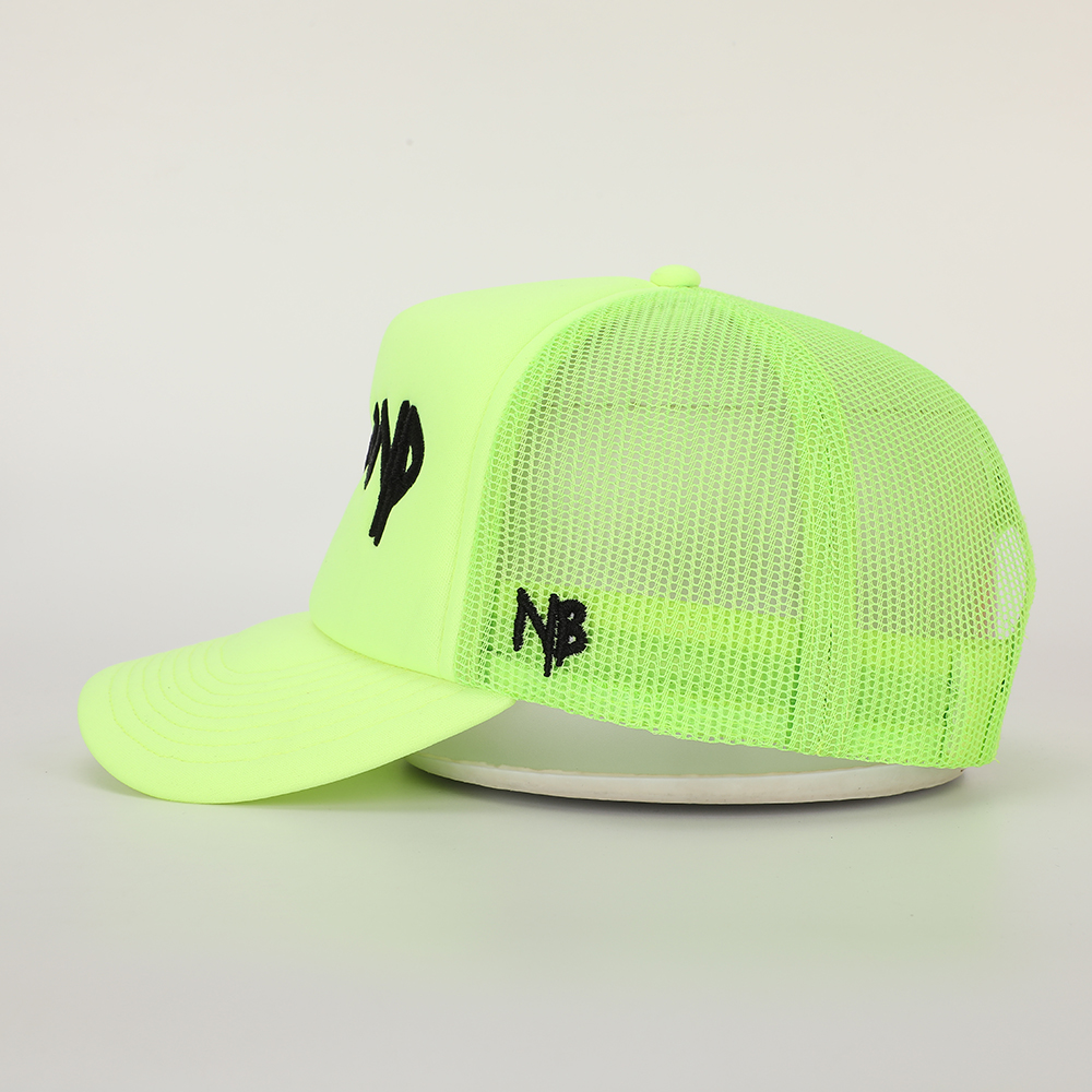 Neon Foam Front 5 Panel Mesh Trucker Hat with Bold Embroidered Logo