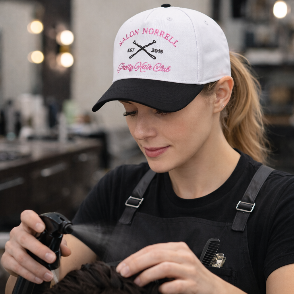 Salon Norrell Pretty Hair Club Baseball Cap – White & Black Two-Tone Design