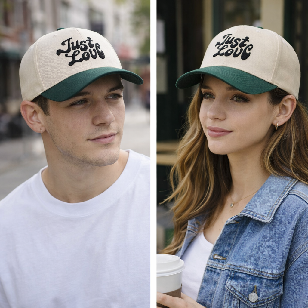 Two-Tone Curved Brim Trucker Hat with Just Love Embroidery
