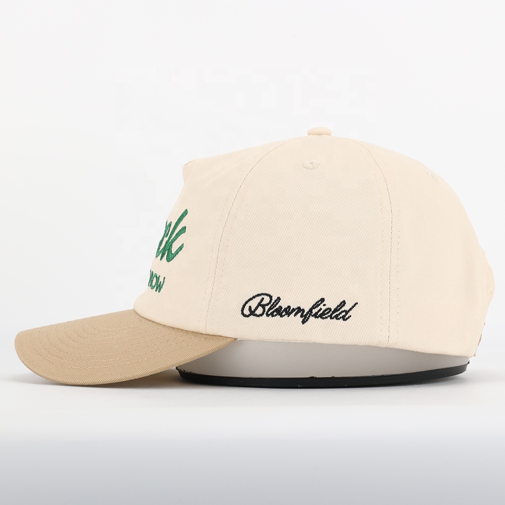 Beige and Khaki Baseball Cap with Green Embroidered Logo – 5 Panel Cotton Hat