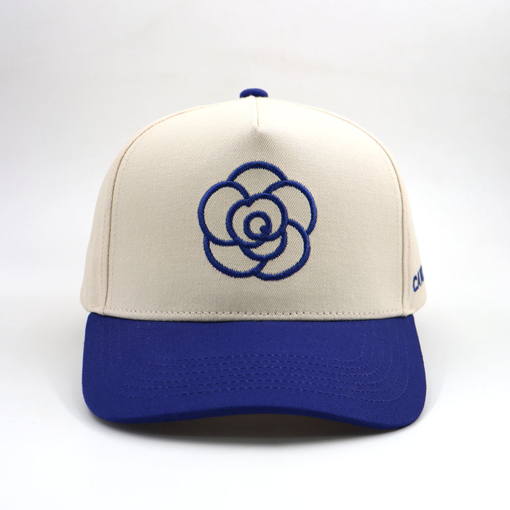 Two-Tone Flower Embroidered 5-Panel Cotton Twill Baseball Cap