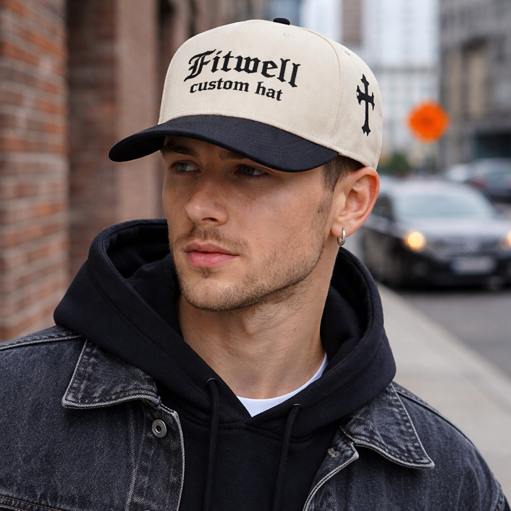 Two-Tone Cotton Baseball Cap with Gothic Embroidery – 5 Panel Design