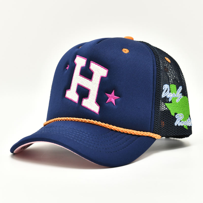 Foam Front Mesh Trucker Cap with Flat Embroidered Letter Patch & Rope Detail