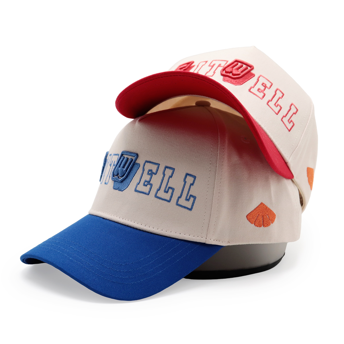 FITWELL 3D Embroidered Baseball Cap, Red/Blue Curved Brim Unisex Snapback Hat, Urban Street Style
