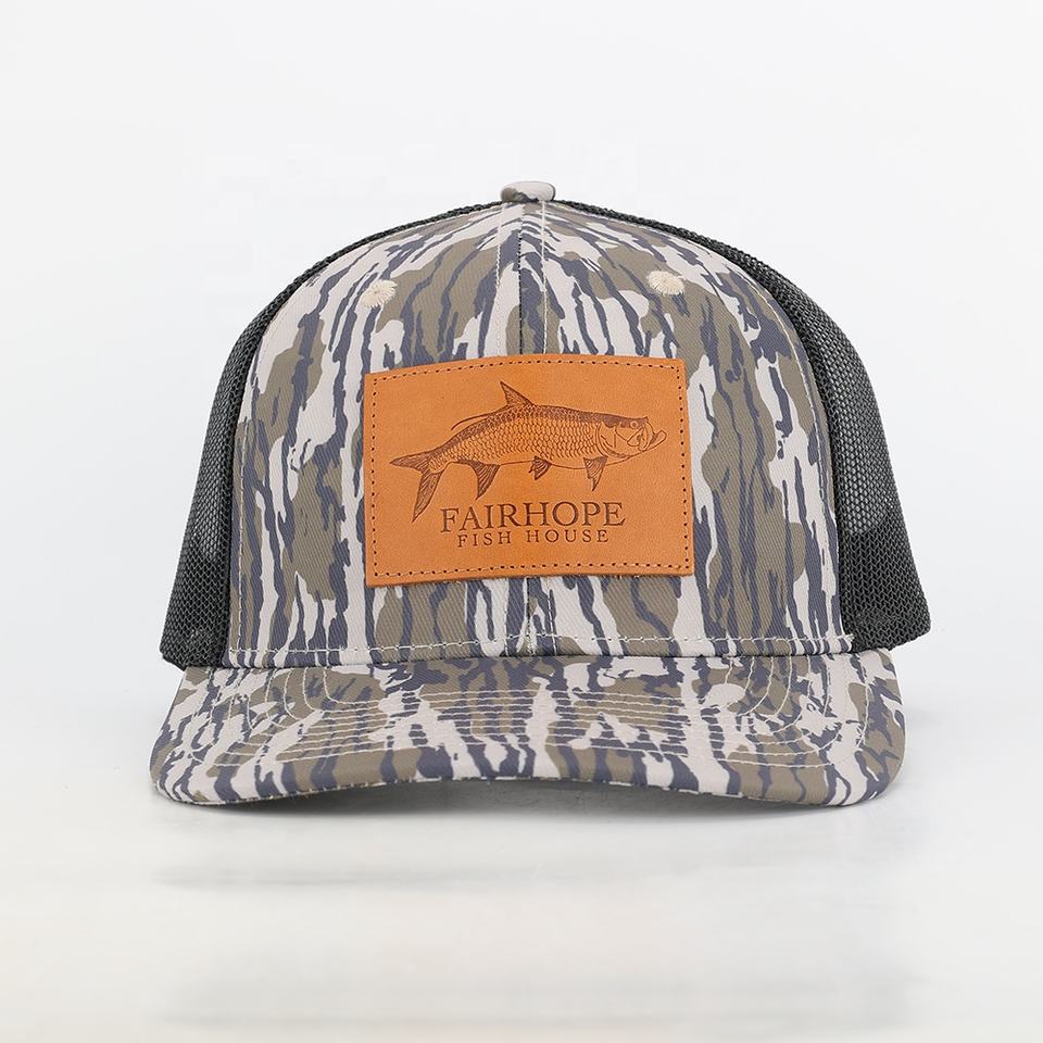 Fairhope Fish House Camo Trucker Hat with Leather Patch