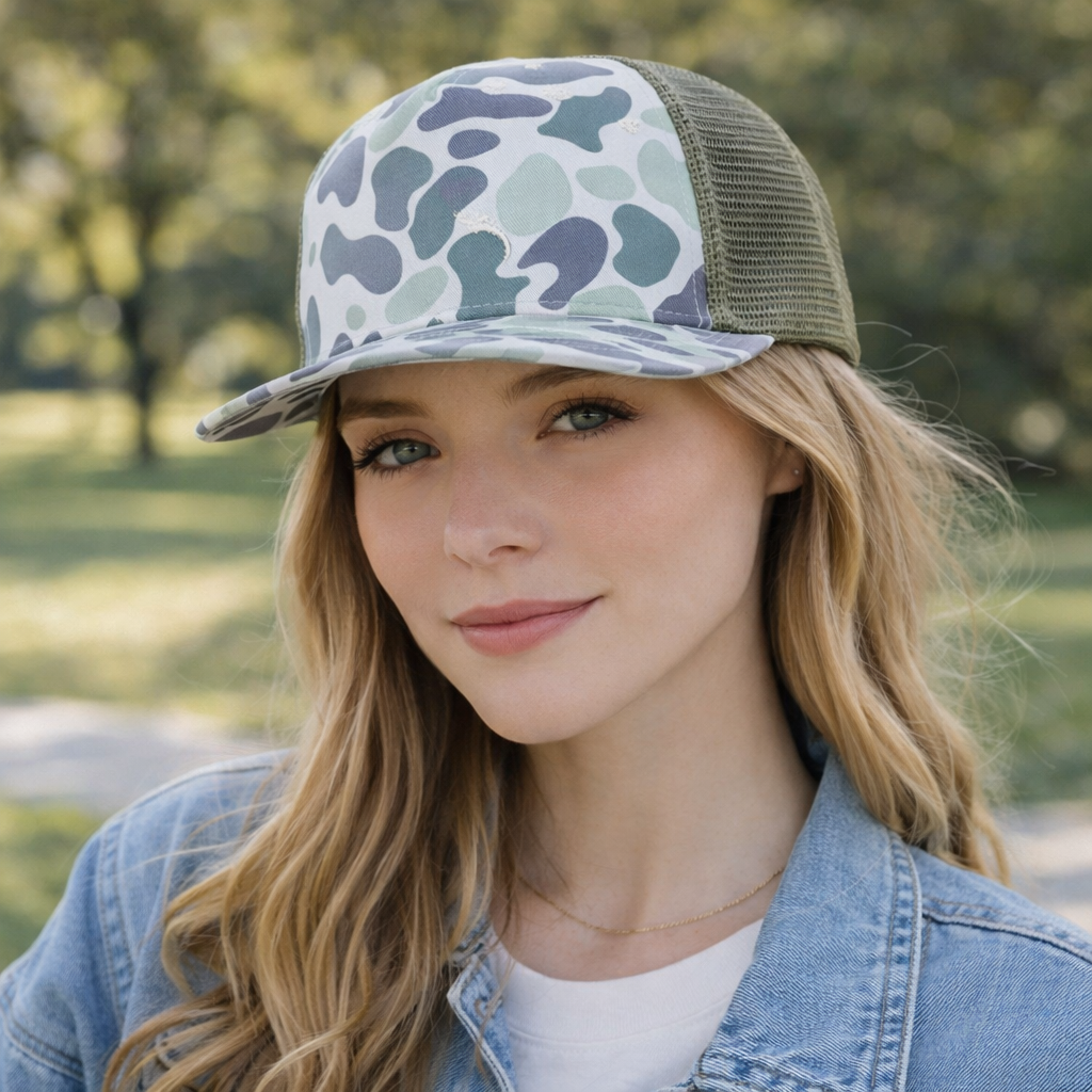 Light Camo 5 Panel Trucker Hat with Mesh Back – Casual Outdoor Snapback