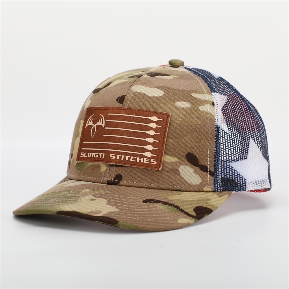 Sling'n Stitches Patriotic Camo Mesh Trucker Hat with Leather Patch