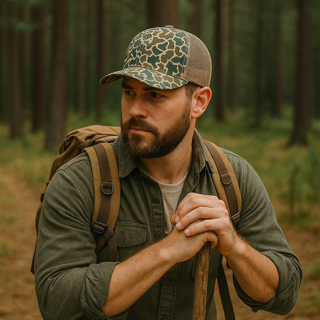 Duck Camo Mesh Back Trucker Hat – All-Over Print Flat Brim Cap