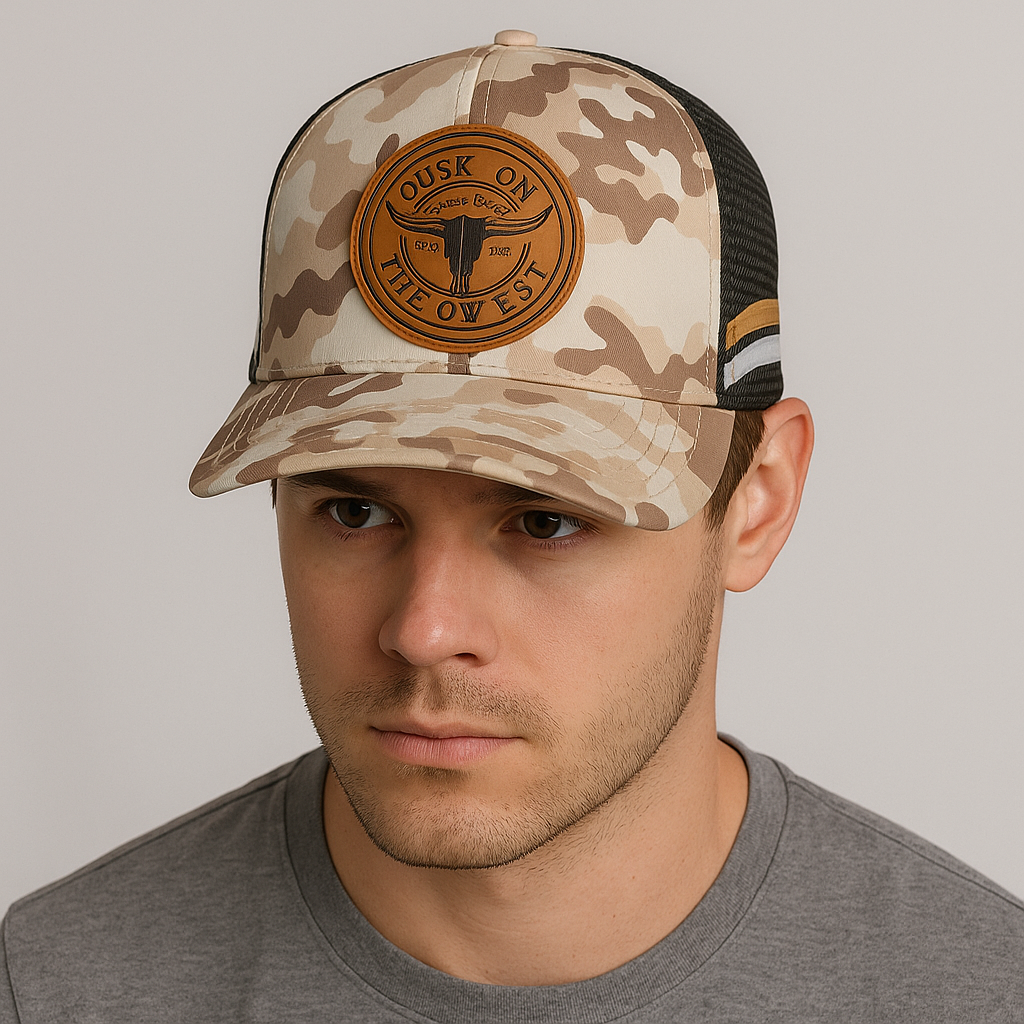 Desert Camo Trucker Cap with Bull Leather Patch – Dusk On The Downs