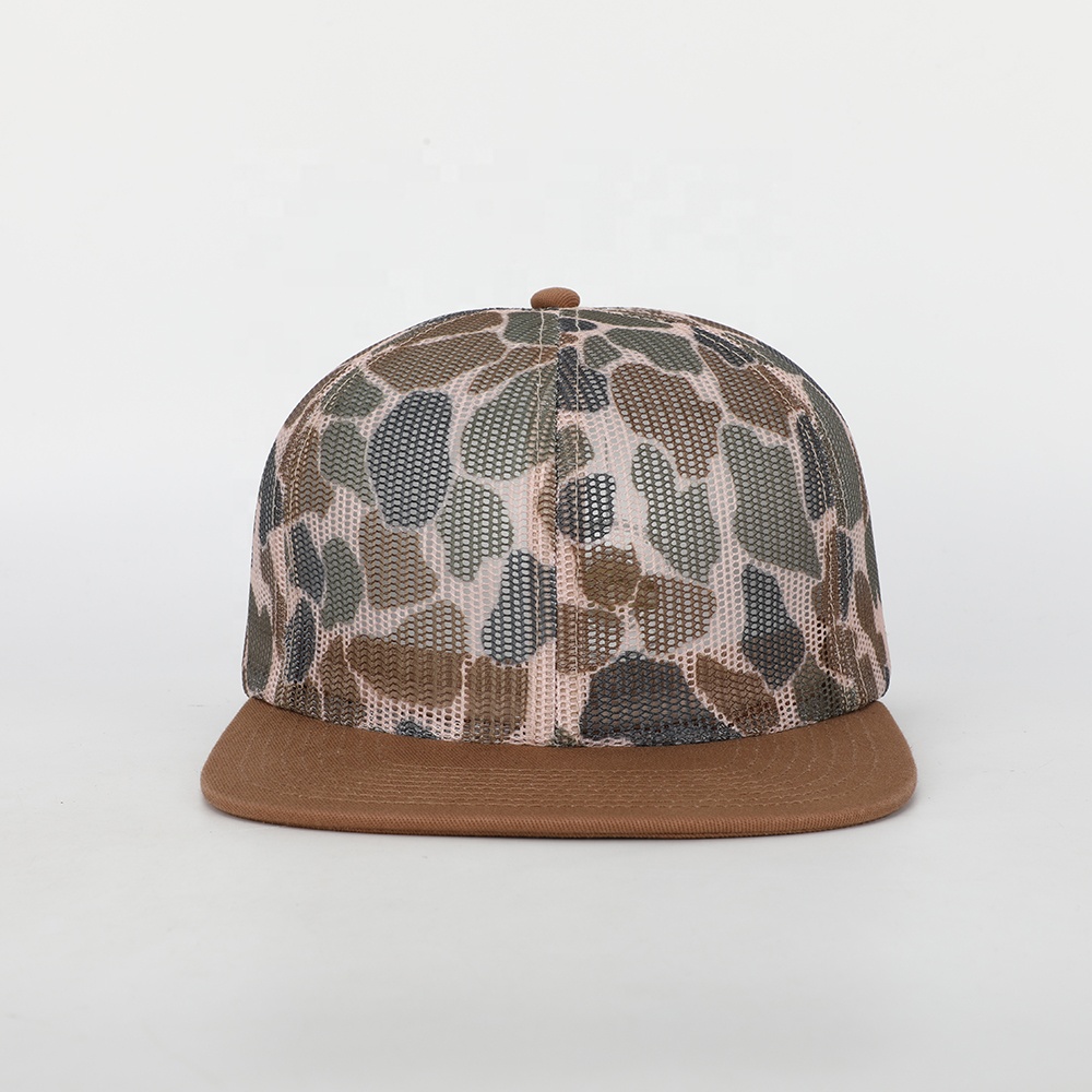 Flat Brim Mesh Trucker Hat with Full Camo Print