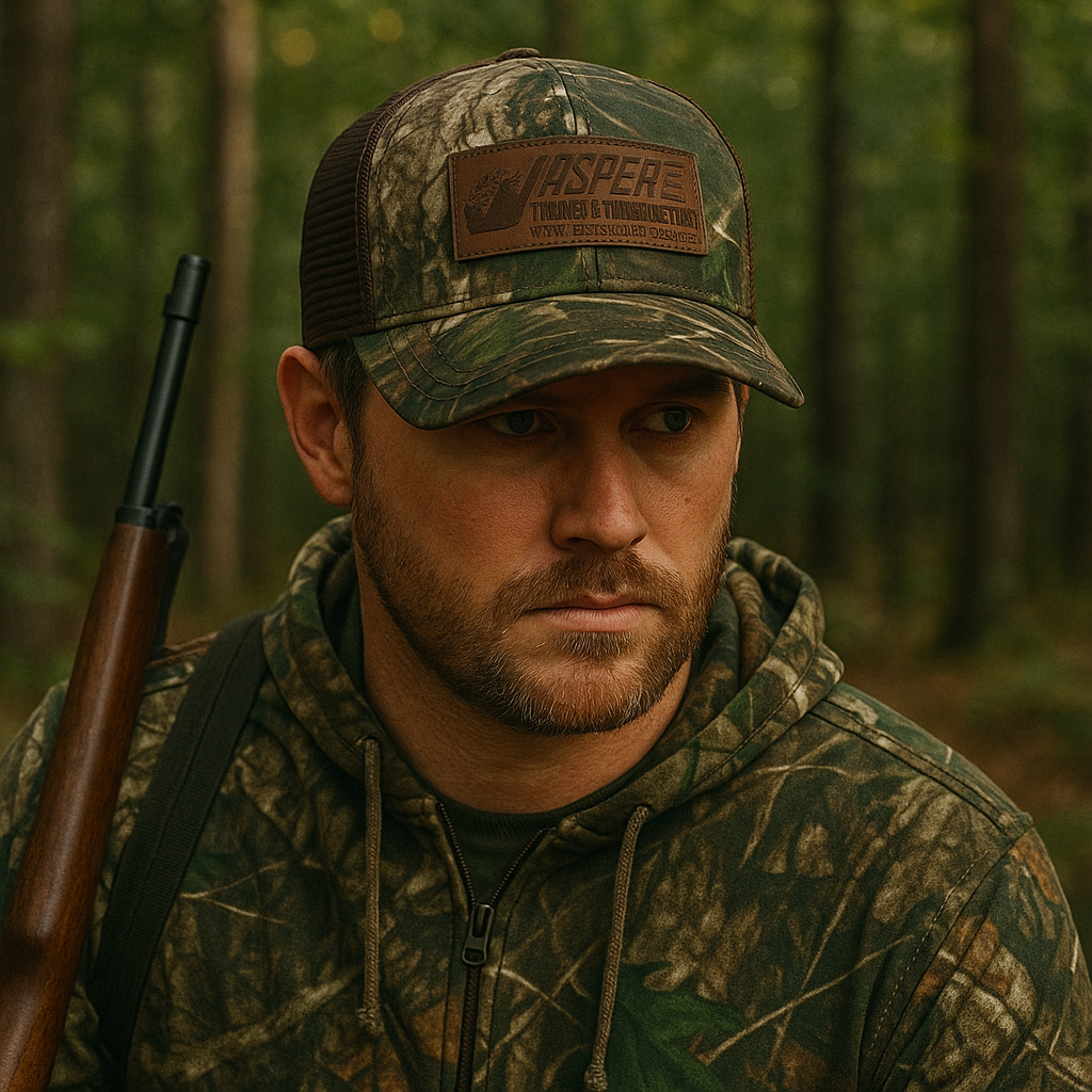 Jasper Logo Camo Mesh Trucker Cap with Brown Leather Patch