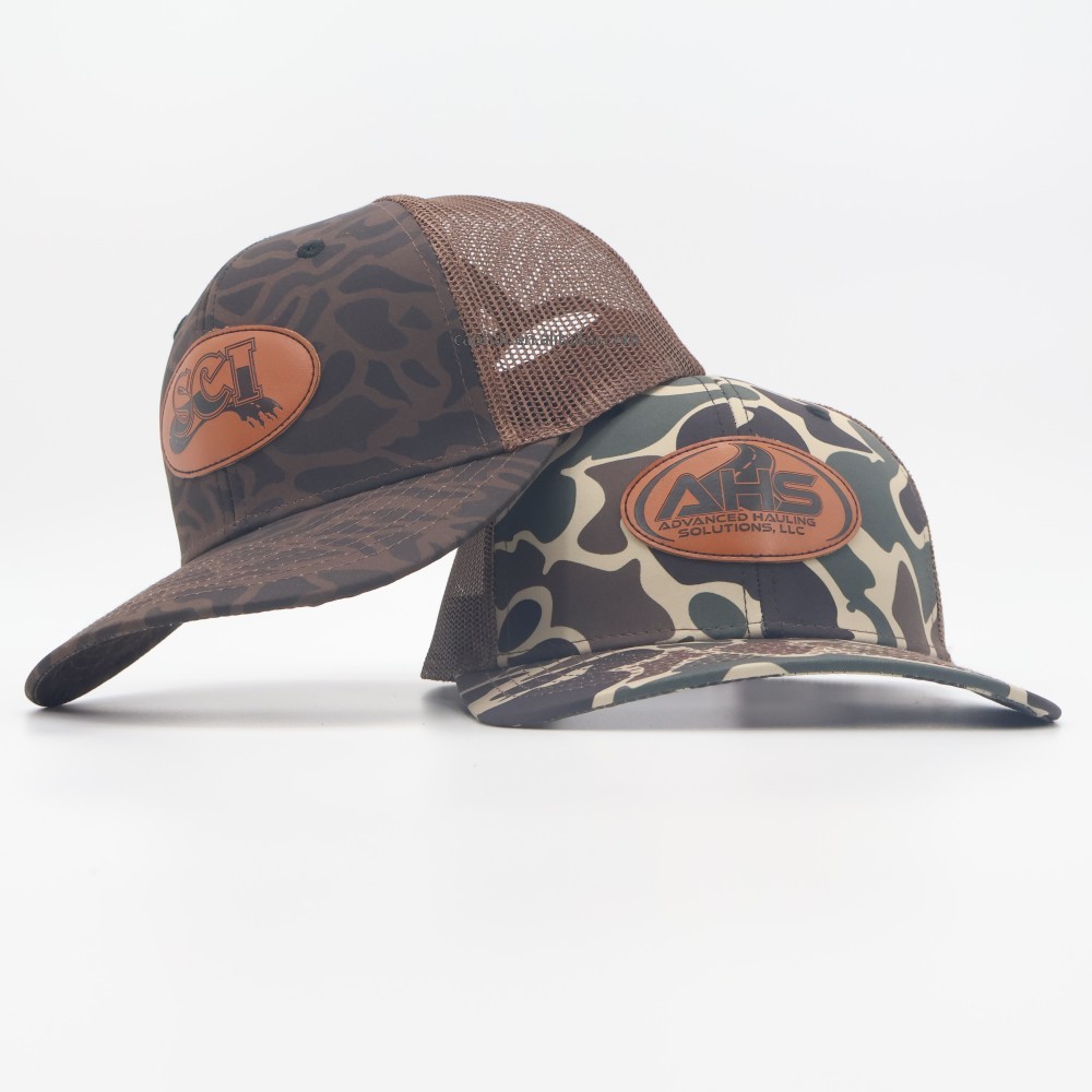 Leopard Camo Trucker Hat with Custom Leather Patch and Mesh Back